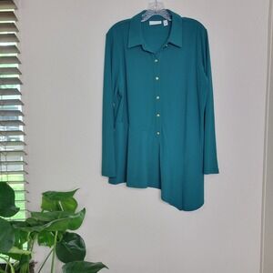 Susan Graver Tunic Top Gold Button Long Sleeve Asymmetric Hem Green Medium‎